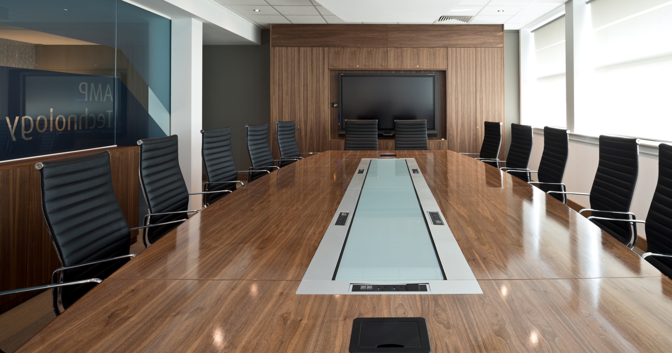 AMP Board Room Bespoke Joinery Walnut Veneered fitted furniture Designed and Built by APSS